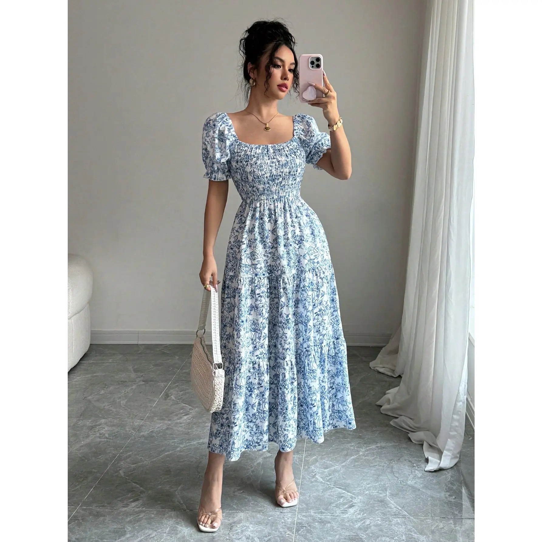 Elenzga 2025 Spring/Summer New French Style Ditsy Floral Square Collar Puff Sleeve Waist Cinched Short Sleeve Patchwork Loose Midi Dress Casual Womenswear White Shortsleeve Boho Fitted Comfort Bohemian