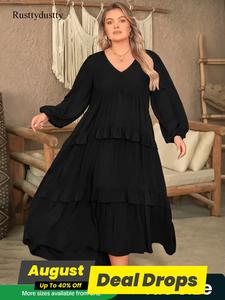 【Plus Size】 Plain Lantern Sleeve Tiered Ruffle Trim Smock Dress, Elegant V Neck Longsleeves Dress for Vacation Party Wedding Guest, Women's Clothes for All Seasons, Maxi Dresses for Women, Womenswear, Summer