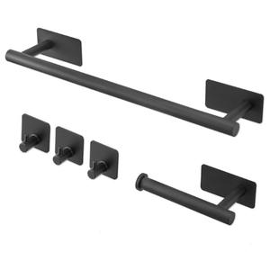 5pcs Towel and Toilet Roll Holder Set Bathroom Accessories Set No Drilling, Self Adhesive Toilet Roll Holder, Towel Rail, Hook (Black)