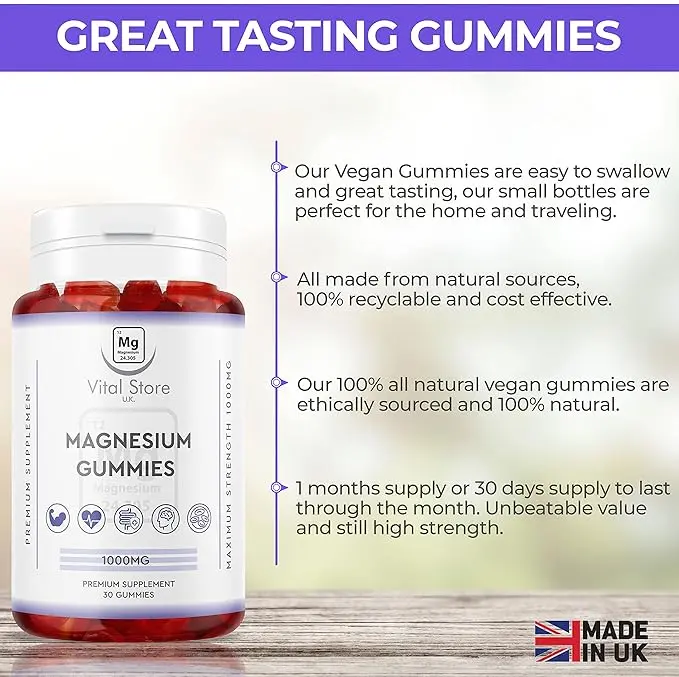 Magnesium Gummies 1000MG - Vegan 1 Month Supply - Berry Flavour - High Strength Magnesium Gummies - Magnesium Supplements, 30 Count (Pack of 1) 1