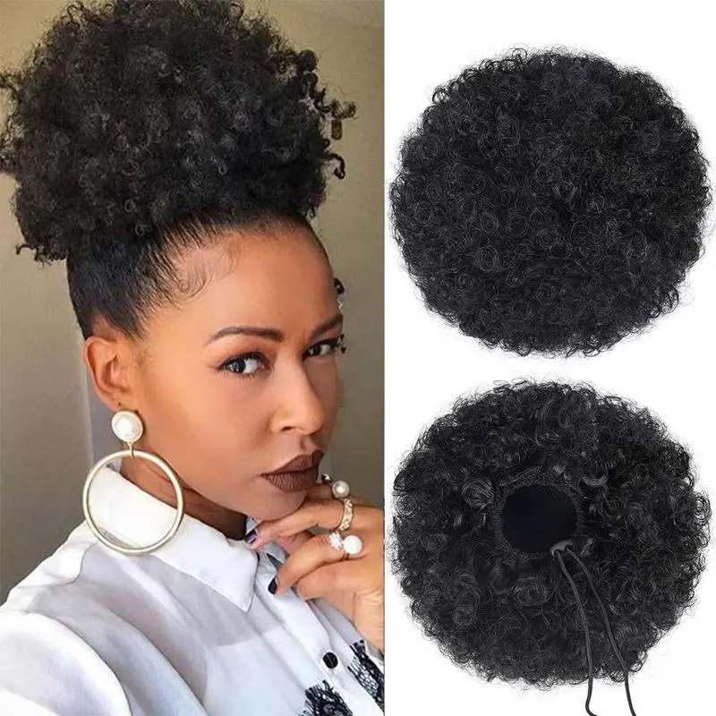 Afro Puff Drawstring Ponytail Human Hair Brazilian Kinky Curly Drawstring Ponytail Afro Puff Bun Chignon Accessories 1