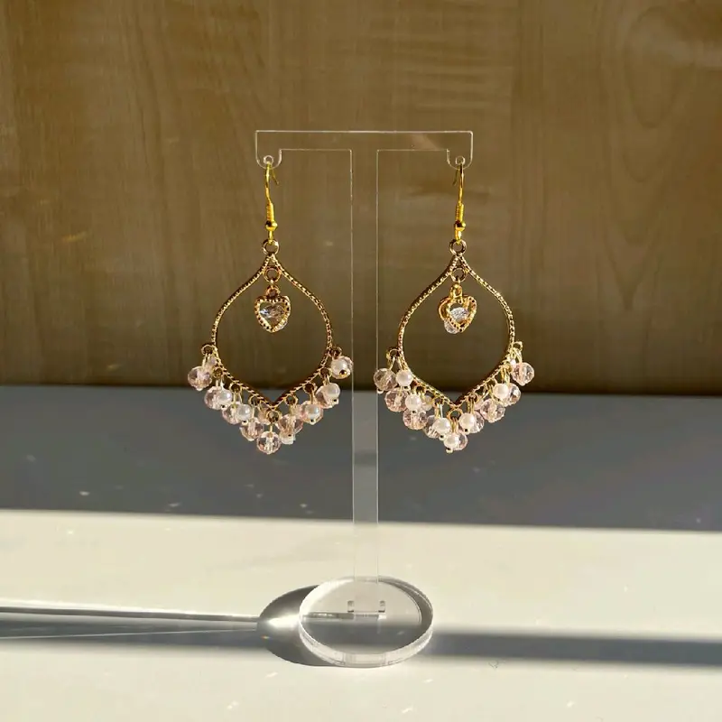 Handmade Pink Crystal White Pearl Heart Earrings - Light Weight Jhumkas for Women 2