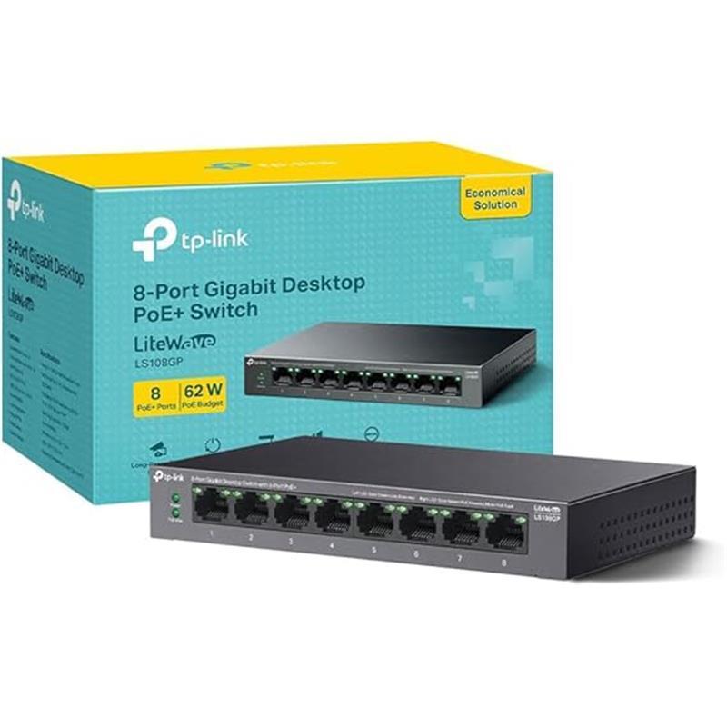 LS108GP 8 Port Full Gigabit PoE Switch, Network Switch, Power Saving, Plug & Play, Metal Case, Ethernet Switch, 802.3af/at 30W, 62W Total Budget, Ethernet Splitter, Silent Operation 1