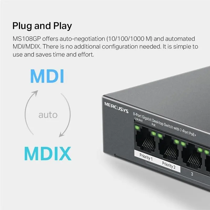 8-Port Gigabit Desktop Switch with 7-Port PoE+, PoE Power Budget 65W, compatible with 802.3af/at PDs, Power management, metal case, Plug & Play, No Configuration Required (MS108GP) 4