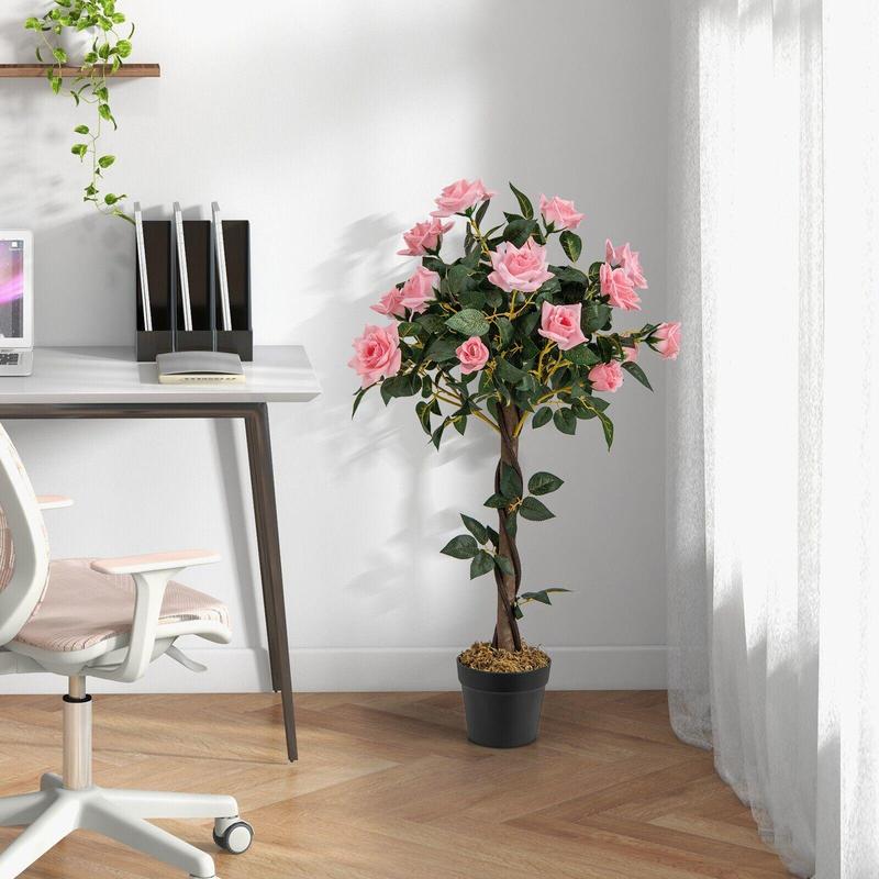 ERGOMASTER 90CM Artificial Flower Tree Faux Floral Plant W/Pine Roses Greenery Potted Plant 2