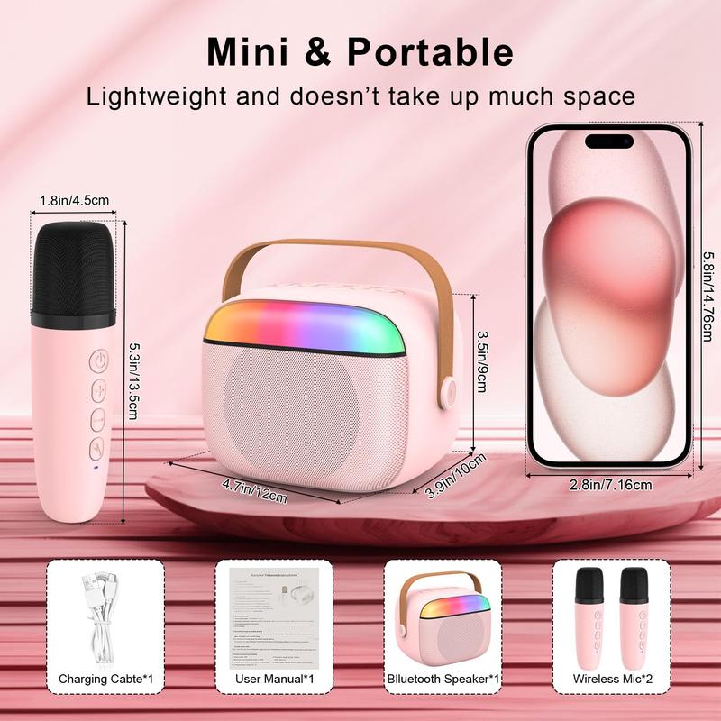 Kids Karaoke Machine,Portable Bluetooth Speaker with 2 Wireless Microphones/LED Light/Voice Changing Effects,Gifts for Age 3-18 Kids Boys Girls Families Birthday Party,Pink 3
