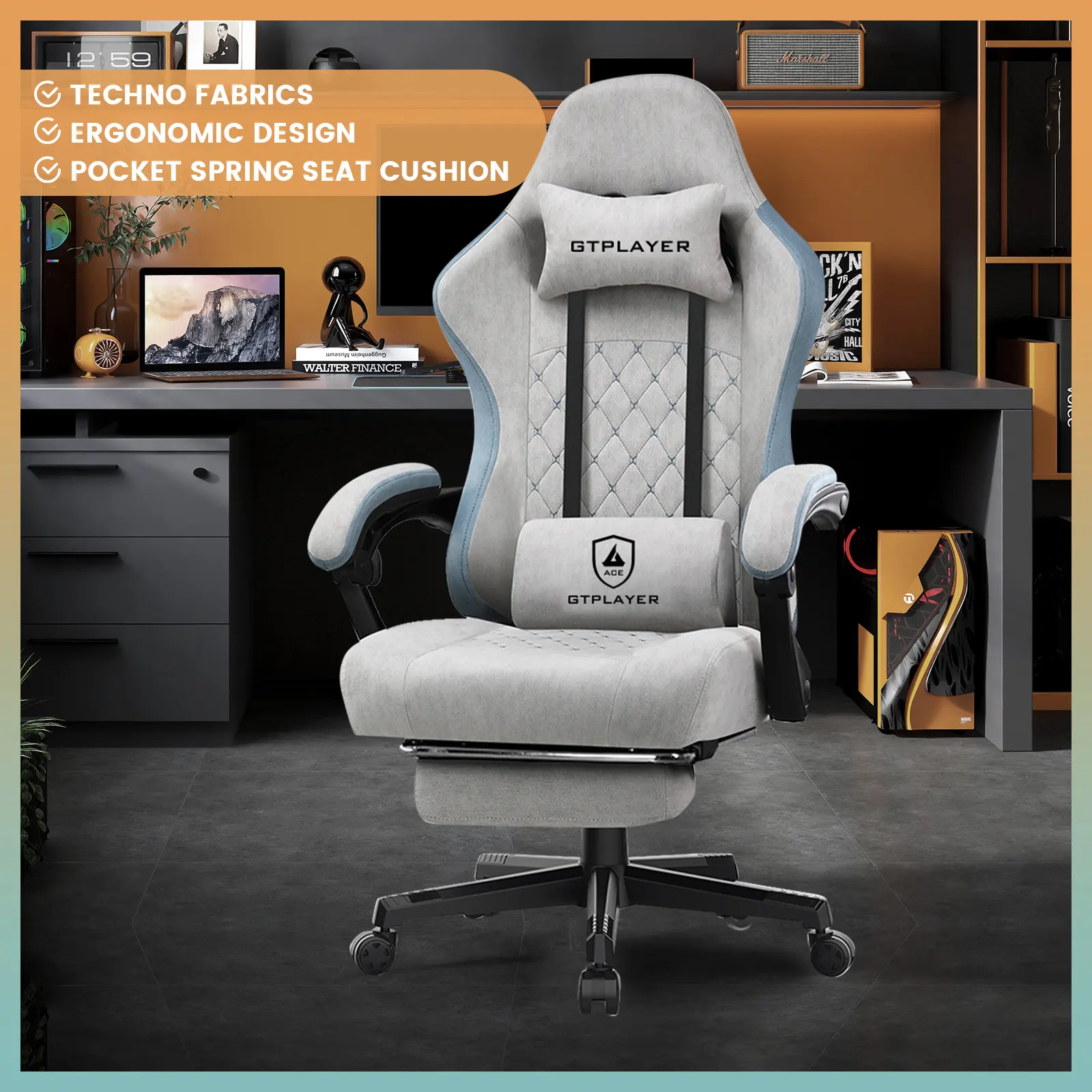 GTPLAYER Gaming Chair, Computer Office Chair with Pocket Spring Cushion, Linkage Armrests and Footrest, High Back Ergonomic for Adults