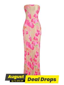 Women's Floral Print Backless Tie Back Strapless Bodycon Dress, All Over Print Long Tube Dress for Summer, Fashion Elegant Vibrant Style Women's Dress for Beach Holiday, Bohemian Casual Trendy Prom Dress, Womenswear, Lady Maxi Dress Sundress