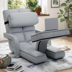 309 UK-GB Floor Chair Adjustable, Folding Lazy Sofa Bed with Armrests, Gaming Lounge Recliner with Pillow & Footrest, Single Chair Bed for Bedroom Home Office,Grey