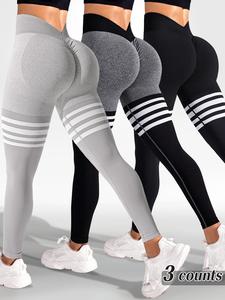 Sporty Women's Striped Print Ruched V-Waist Back Sports Leggings, High Stretch Seamless Yoga Leggings, Ladies Sportswear for Indoor Outdoor Wear