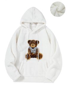 Men's Cartoon Bear Print Drop Shoulder Plush Hoodie, Fashion Casual Regular Fit Drawstring Pocket Hooded Sweatshirt for Daily Holiday Outdoor Wear, Men Clothes for Fall & Winter