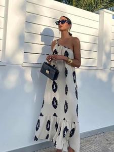 Women's Graphic Print One Shoulder Ruffle Trim Dress, Casual Fashion Sleeveless Dress for Daily Holiday Vacation Wear, Ladies Dress for Summer, Boho Chic Dress