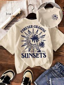 Women's Letter & Sun Print Crewneck Tee, Lady Casual Short Sleeve Crew Neck T-shirt for Summer, Fashion Women's Top for Daily Wear