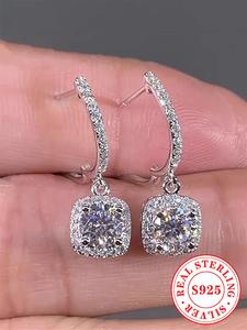 925 Sterling Silver Fashion Square Shaped Zirconia Decorated Earrings, Elegant Jewelry for Party, Daily Clothing Decor for Girl