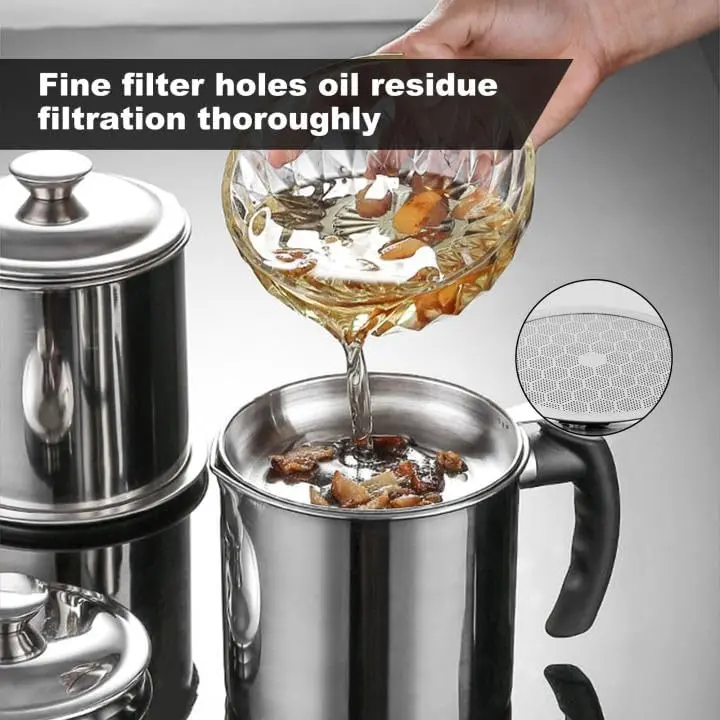 2 Pcs Oil Strainer Pot Grease Can, 1.3L Stainless Steel Oil Container with Strainer, Bacon Grease Container with Lid and Non-Slip Plate for Storing Frying Oil and Cooking Grease 4