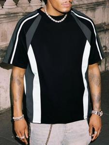 Men's Contrast Trim Short Sleeve Tee, Loose Casual Crew Neck T-shirt for Summer, Fashion Men's Top for Daily Wear, Tropical