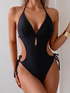 Women's Solid Cut Out Backless Halter One-piece Swimsuit, Casual Tie Back Sleeveless Swimwear for Beach Holiday Vacation, Ladies Swimsuit for All Seasons
