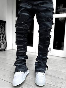 Men's Solid Ripped Slim Jeans, Casual Comfy Denim Trousers for Daily Wear, Fashion Men's Bottoms for All Seasons, Cotton