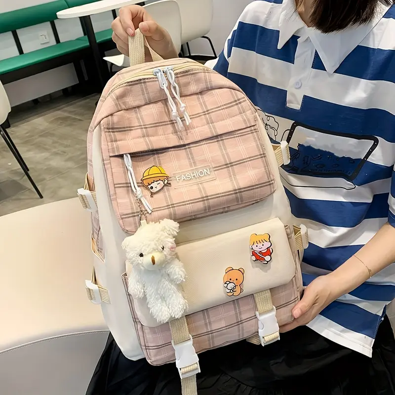 5pcs New Fashionable Plaid Cloth Contrast Color Large Capacity Campus Backpack Five-piece Set with Bear Pendant 4