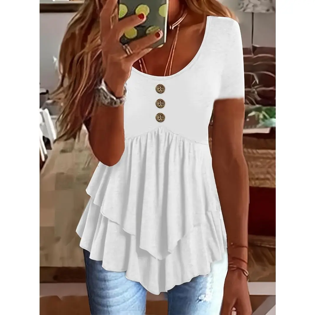 Solid Color Crew Neck T-Shirt, Casual Short Sleeve Button Front Flare Tiered Top For Spring & Summer, Women's Clothing