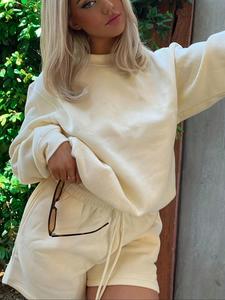 Women's Solid Sweatshirt & Drawstring Waist Shorts Two-piece Set, Casual Fashion Cozy Round Neck Long Sleeve Pullover & Shorts for Daily Outdoor Wear, Ladies Clothes for All Seasons, Fall outfit