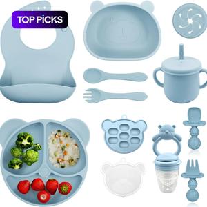 Cute Bear Design Silicone Feeding Set, 11pcs/set Baby Food Feeding Bowl & Spoon & Fork & Bib & Straw Cup & Snack Cup & Ice Cube Box, Baby Meals Dinnerware Set Play Food Tableware
