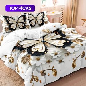 Butterfly & Flower Bow Print, Including 1 Duvet Cover & 2 Pillowcases without Filler, Bedding Supplies for Home Bedroom Hotel, Decorative Bedsheet Sets