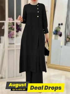 Two-piece Set Women's Solid Color Button Split Hem Longline Blouse & Elastic Waist Pants, Casual Bishop Sleeve Keyhole Neck Top & Wide Leg Trousers for Fall & Winter, Women's Formal Clothes for Daily Wear, Outfit Sets Women For Muslim