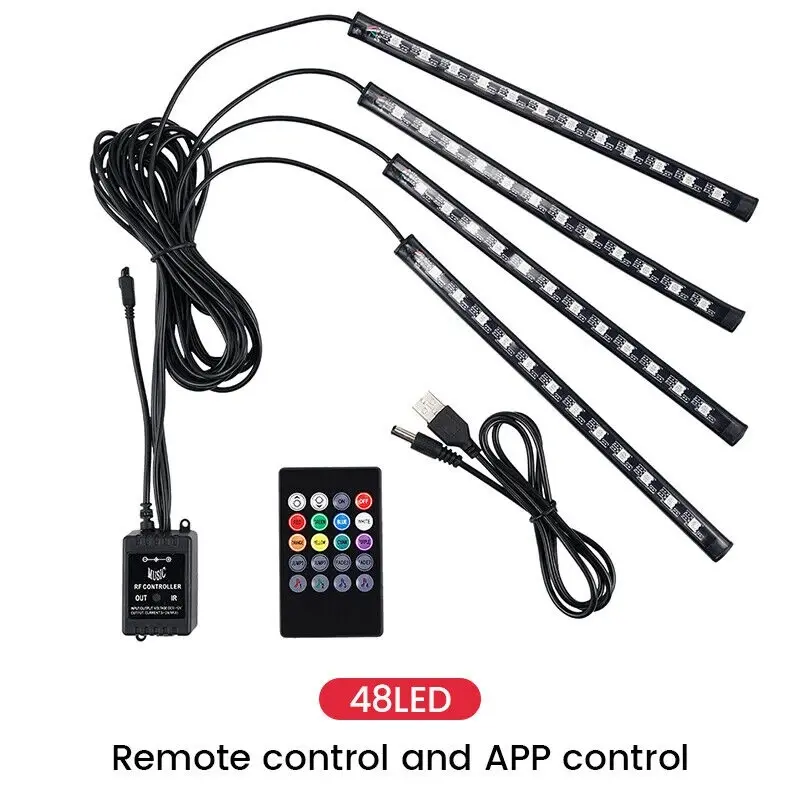 LED Car Interior Ambient Lights Foot Strip Lights with Wireless Backlight Remote Decorative Lamps Car Accessories