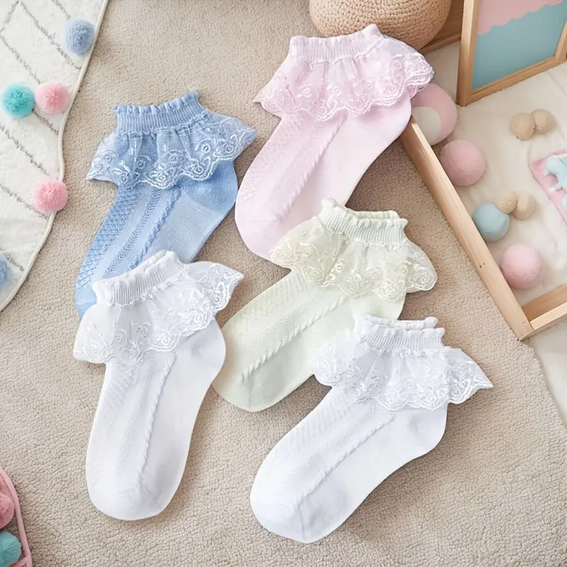5 Pairs of Girls Socks Lace Ruffle Breathable And Comfortable Dance Princess Socks 2