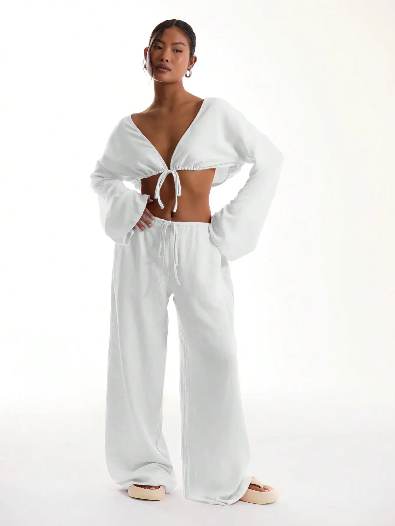 Tie Front Linen Feel Beach Trouser for Women - Comfortable Bottoms for a Day Out - Pants