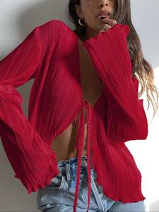 Women's Plain Tie Front Blouse, Boho Style Long Sleeve Blouse for Beach Vacation Holiday, Ladies Clothes for All Seasons