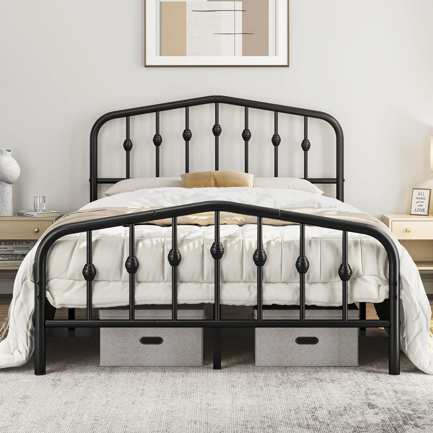 4ft6 Double Bed Frames Metal slatted Bed Base with Crown-inspired Design Headboard/Spacious Under-bed Storage Black