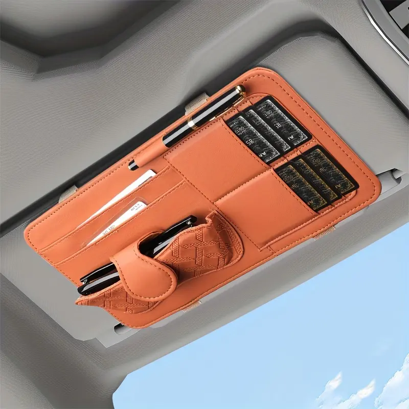 1pc PU Leather Universal Fit Car Sun Visor Multi-Pocket Caddy with Glasses Clip, Pen Holder, and Credit Card Slots 3