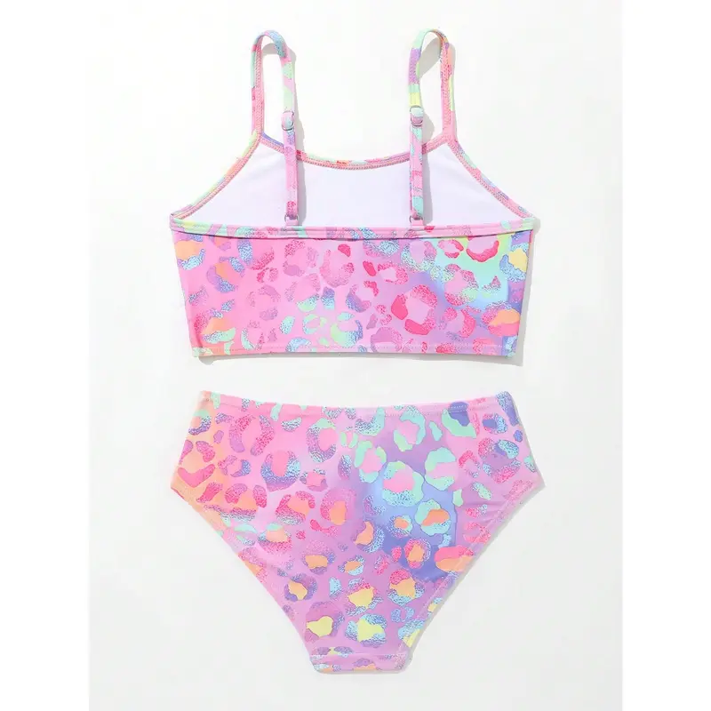 Young Girl Pink Multi-Color Leopard Print Swimwear Set With Fun Patterns 1