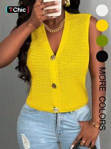 Women's Solid Color Button V Neck Sweater Vests, Casual Sleeveless Knitwear for Summer, Fashion Women's Knit Clothing for Daily Wear, Tops