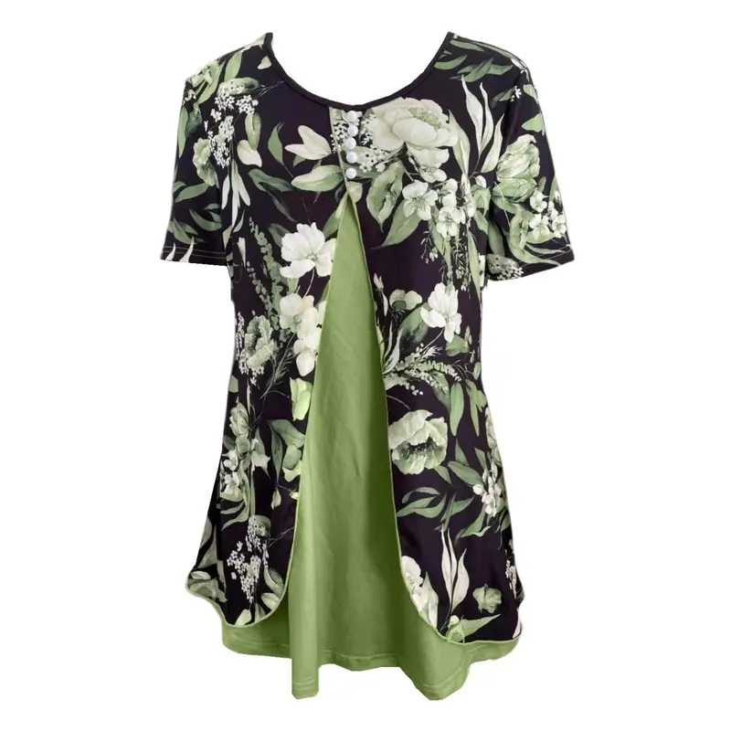 Floral Print Faux Peal Decor T-Shirt, Casual V Neck Short Sleeve Top For Spring & Summer, Women's Clothing 3