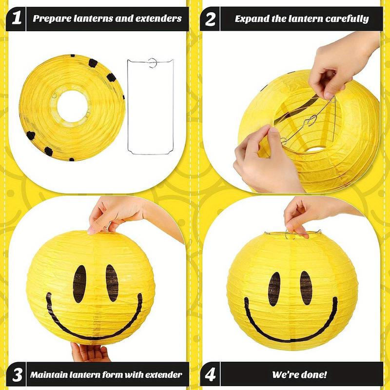 Product Introduction of 3-Pack Happy Face Paper Lanterns for Parties and Birthdays - Yellow Round Hanging Decoration Props for Photography, No Electricity Needed, Durable Craft Material 1