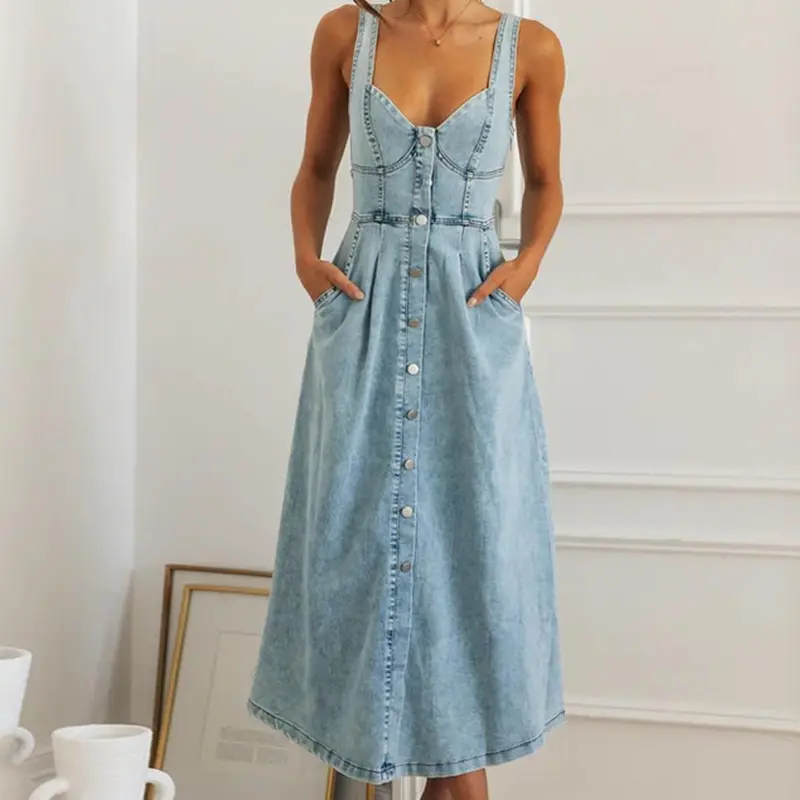 Women Dress Denim Long Dresses Sling Sleeveless V Neck Elegant Splice Single Breasted Slim Fit High Waist Backless Vestidos 7