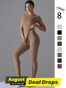 Women's Solid Athletic Tracksuits Set, Sporty Breathable Quick Drying Outfits for Yoga Gym Workout Running, Ladies Sportswear for All Seasons, Sportswear Running Fitness