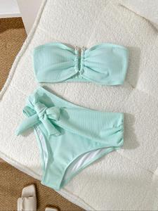 Two-piece Set Women's Plain Ruched Knot Bikini Set, Casual Faux Pearls Decor Swim Top & High Waist Swim Bottom, Ladies Swimsuit for Beach Holiday Vacation, Bikinis Sets, Bikini Outfits, Swimsuit Summer