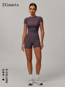 Women's Solid Ribbed Short Sleeve Tee & Skinny Shorts Two-piece Set, Casual Round Neck T-shirt & High Stretch Shorts for Daily Outdoor Wear, Ladies Summer Clothes