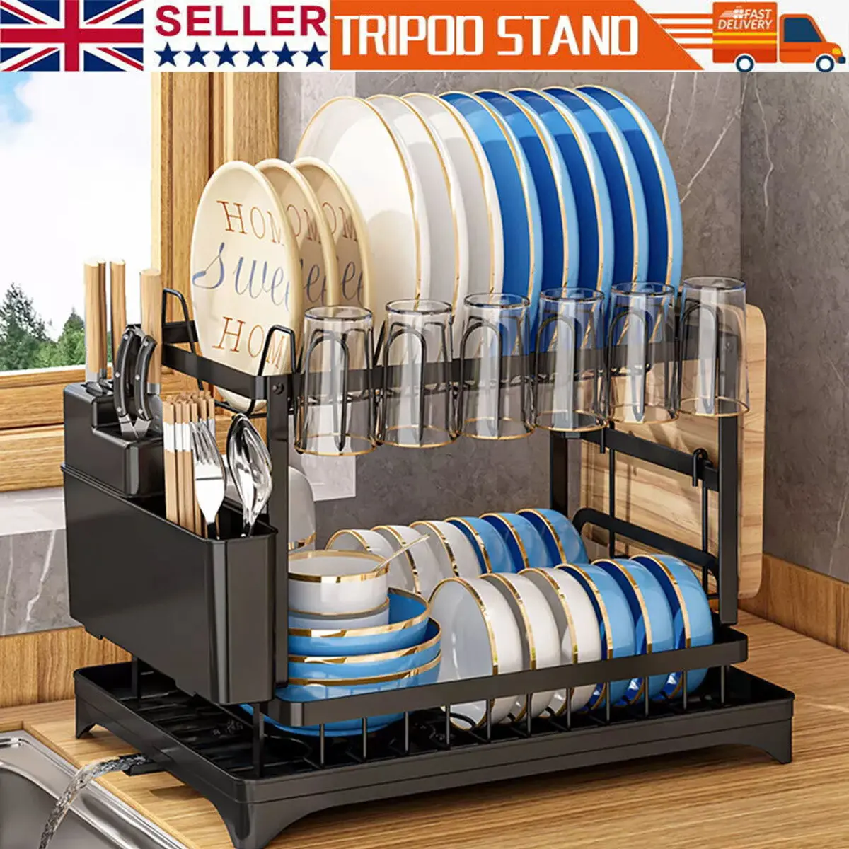 Large Dish Drying Rack for Kitchen Counter, Detachable Large Capacity Dish Drainer Organizer, 2-Tier Dish Racks with Utensil Holder, Black