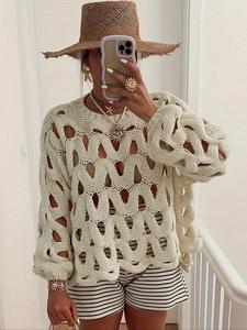 Women's Plain Crochet Hollow Out Sweater, Lady Casual Loose Longsleeves Cowl Neck Jumper for Summer, Fashion Women's Knitwear for Beach Daily Wear, Womenswear, Baggy Tops