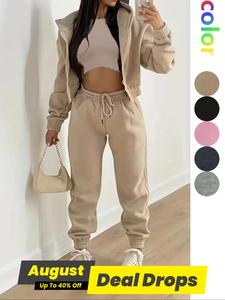 Solid Drop Shoulder Zipper Hoodie & Drawstring Waist Pants & Sleeveless Crop Tank Top Set, Basic Co-ord Set, Casual Trendy Lady Clothes for Outdoor, Sleeveless Matching Sets, Women's 2 Piece Sets, Womenswear, Fall outfit
