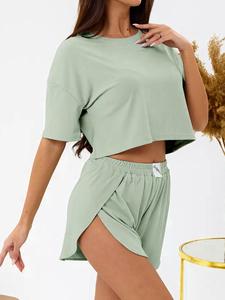 Women's Solid Ribbed Crop Top & Shorts Pyjama, Casual Comfy Round Neck Short Sleeve Tee & Shorts PJ Set, Ladies Summer Sleepwear