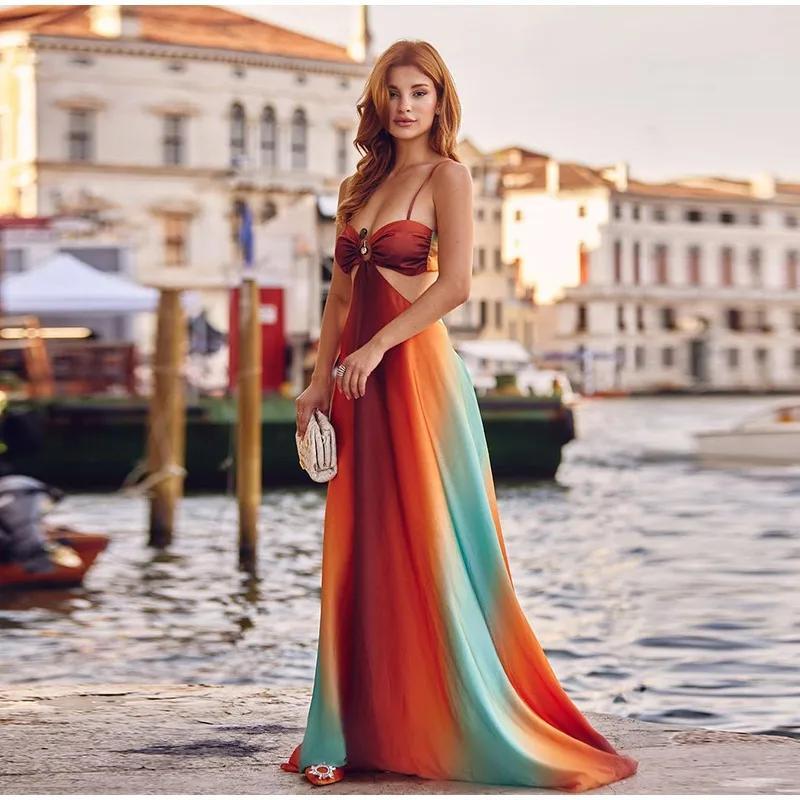 Product Introduction of Sexy Summer Holiday Printed Strapless Hollow Out Dress Women Fashion Contrast Color Backless Robes 2025 Beach Party Vestidos Formal Womenswear Comfort Sleeveless Minimalist 16