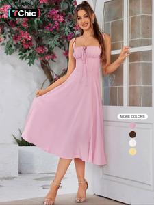 Women's Lace Up Split Thigh Cami Dress, Elegant Adjustable Strap Tie Front Midi Dress, Women's Dress for Summer Beach Holiday