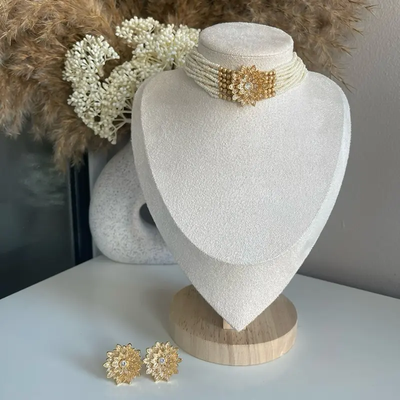 Elegant Pearl and Gold Indian Jewellery Choker Set available in 2 colours