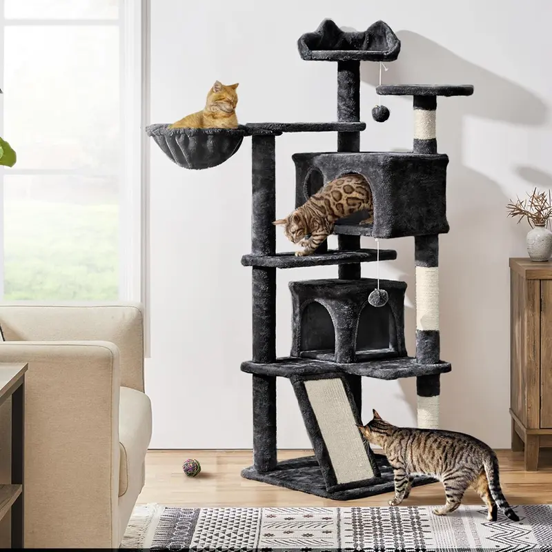 Cat Tree, 144.5cm Multilevel Cat Climbing Tower w/ 2 luxury Condos, Basket Cat Bed,3 Scratching Posts & Ladder for Indoor Cats, Black 1